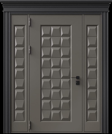 Входная термодверь с металлофиленкой, вставками по бокам, карнизом и порошковым напылением RAL 7022 (тип №9)