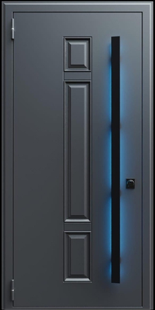 Входная термодверь с металлофиленкой, длинной ручкой с подсветкой и порошковым покрытием RAL 7021 (тип №2)